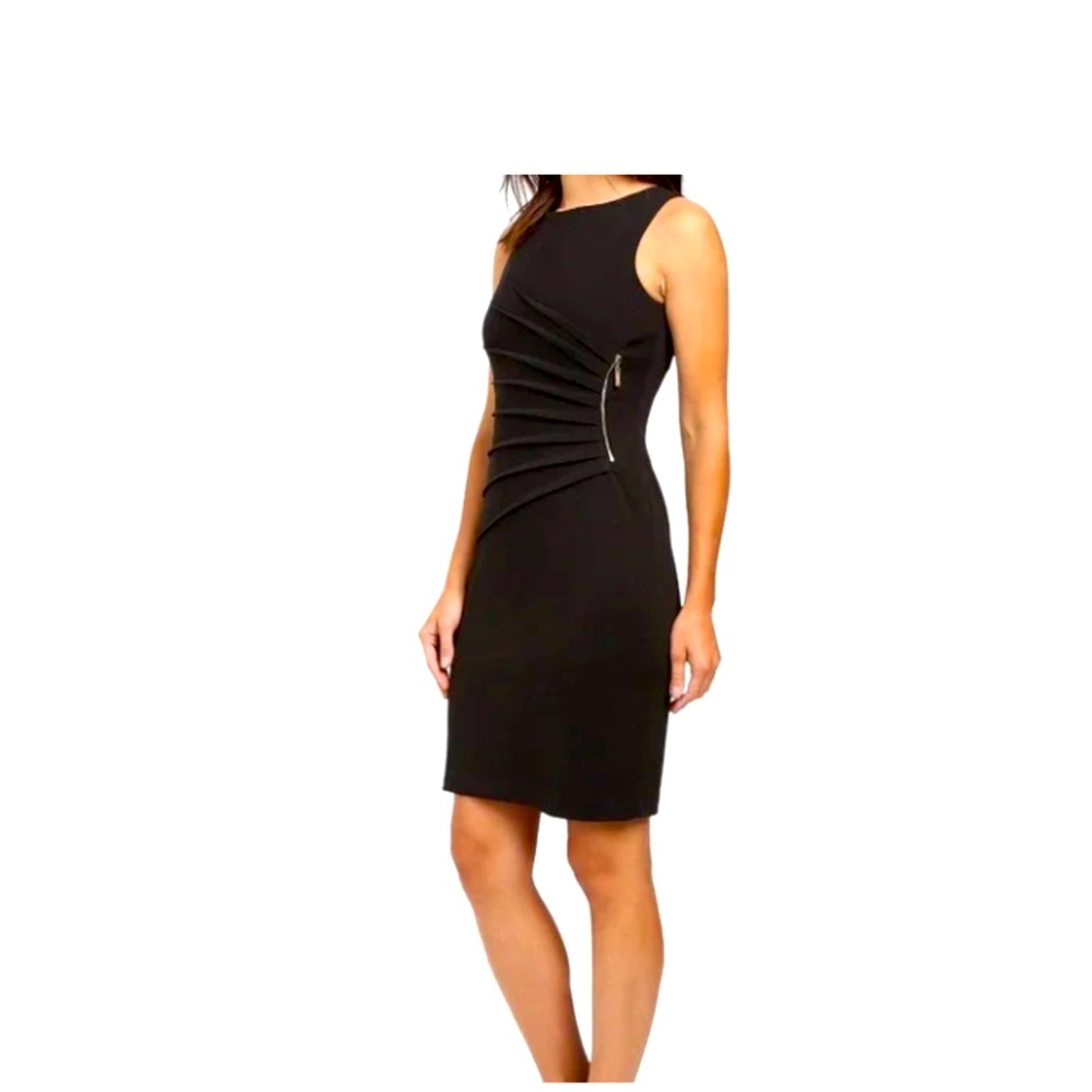 Ivanka Trump Black Ponte Sunburst Side Pleat Sheath Dress w/Gold Faux Zipper 14